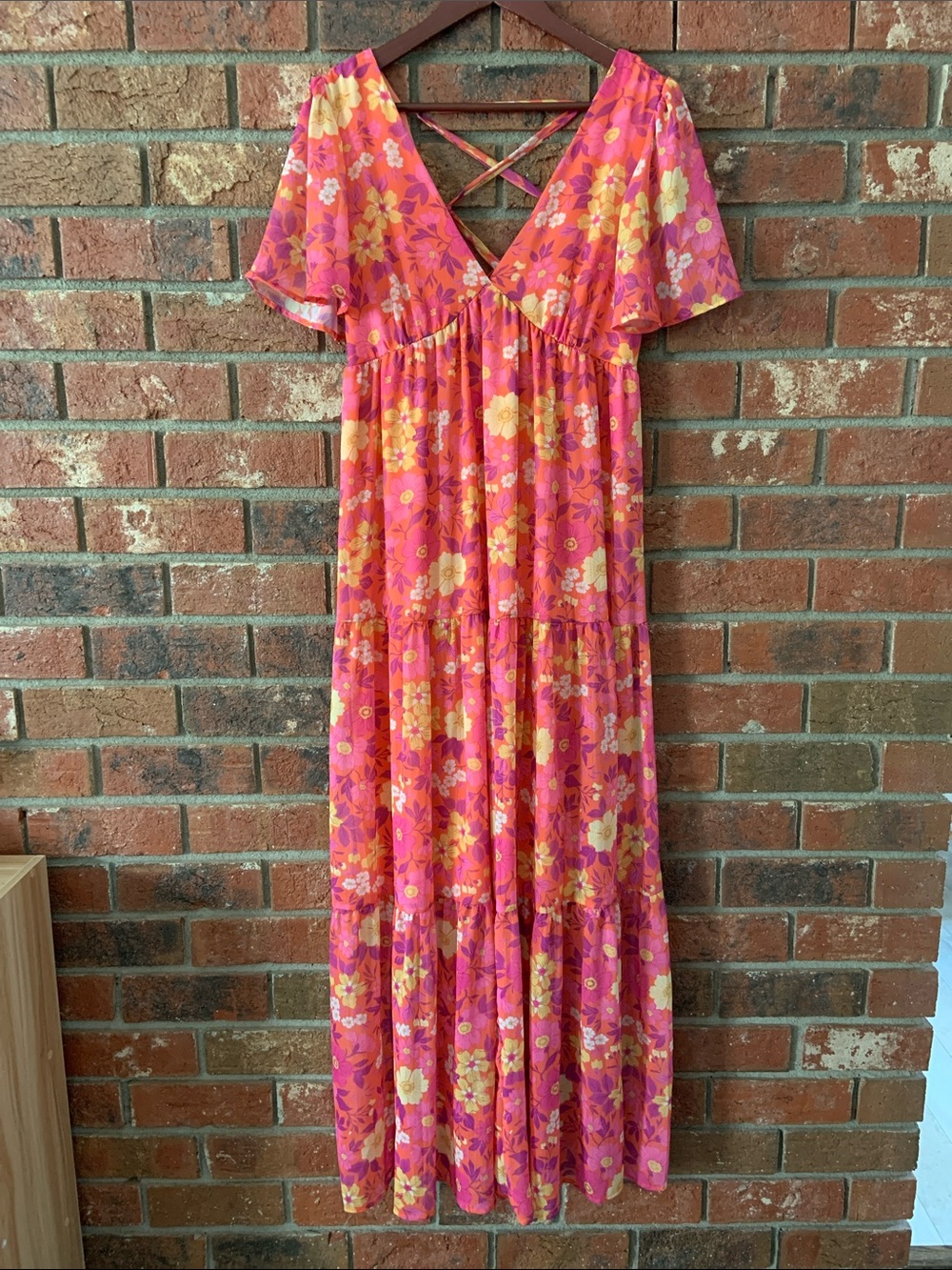Peach Love California Coral Yellow Floral Ruffle Sleeve Maxi Dress